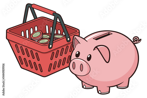 6 Pink piggy bank, red plastic shopping basket, savings concept, vibrant colors, isolated on white background, retail metaphor, financial planning, consumerism, playful composition, studio lighting, c