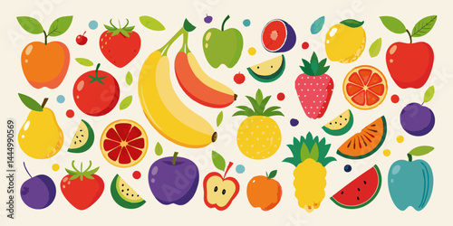 リンゴ、バナナ、ブドウ、オレンジなどのカラフルな果物を芸術的なフラットベクタースタイルで配置したセット