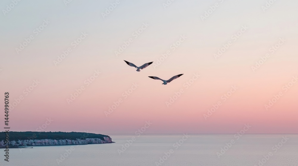 Fototapeta premium Two seagulls soar above a tranquil ocean at sunset. Peaceful coastal scene