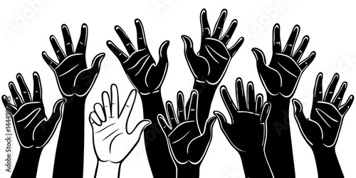 Diverse group of hands raising in unity. Multicultural people showing support, protest, teamwork, and solidarity with open palms in flat vector style.

