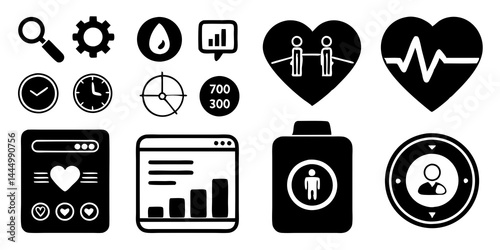 Smart fitness tracker device set with smartwatch, heart rate monitor, pedometer, and activity band in flat vector style