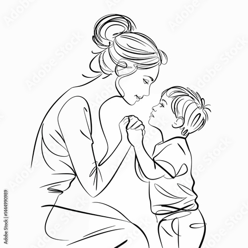 A mother and child share an intimate moment, holding hands and gazing at each other lovingly.