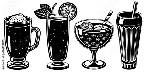 Beverage collection of coffee cup, tea mug, smoothie glass, soda can, and cocktail drink. Flat vector illustration of popular drinks set for cafe, restaurant, and menu design.

