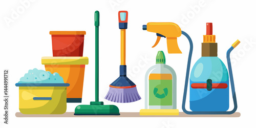 Home cleaning supplies set with broom, mop, spray bottle, sponge, and vacuum cleaner in flat vector style. Household cleaning equipment icons for hygiene and domestic chores.

