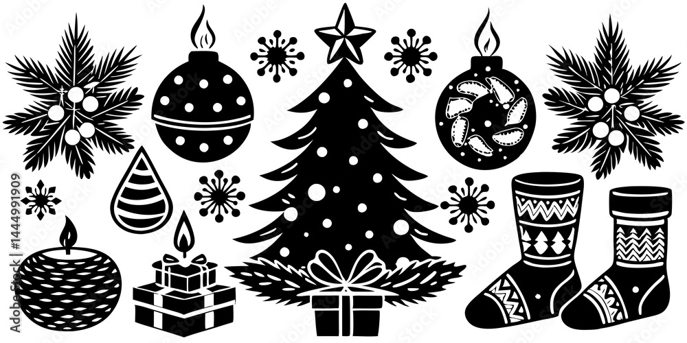 Fototapeta premium Holiday decorations vector set with tree, wreath, stockings, candles, and ornaments.