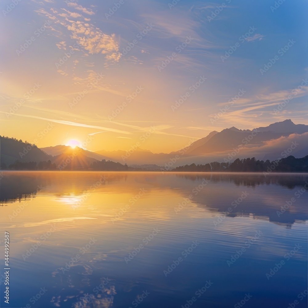 Fototapeta premium Sunrise over calm lake reflecting mountains