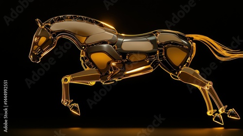 A golden mechanical horse is depicted in mid air mid stride