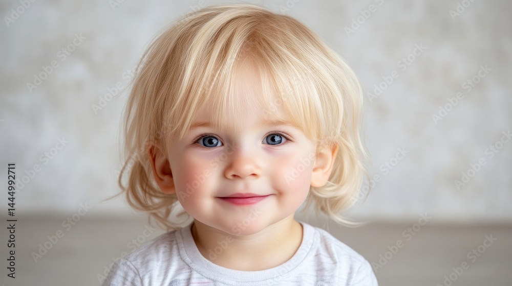 A young child with blonde hair smiling at the camera in a soft-lit studio setting, neutral background with subtle texture, and close-up portrait. A young child with blonde hair smiling at the camera in a soft-lit studio setting, neutral background with subtle texture, and close-up portrait.