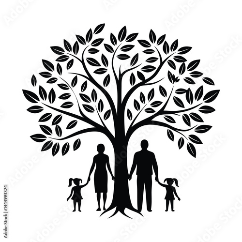 Silhouette of Parents Holding Hands with Daughters Underneath a Large Tree with Leaves