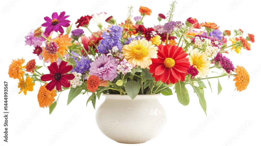 Obraz premium Bright and Colorful Flowers in Vase Isolated on Clean White Background