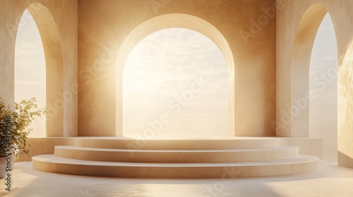 Beige Minimalist Room with Archways and Sunrise View