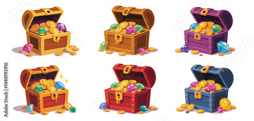 Six Cartoon Wooden Treasure Chests Filled with Gold Coins and Jewels