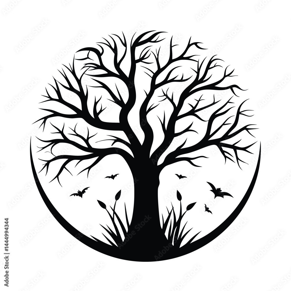 Obraz premium Spooky Silhouette Bare Tree Branches, Silhouetted Bats, Grass, Against White Circle