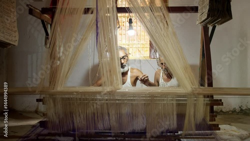 Frontal mid-shot of a master artisan and apprentice weaving a Banarasi silk saree on a traditional wooden handloom while the artisan is adjusting and attaching the weft thread spool 