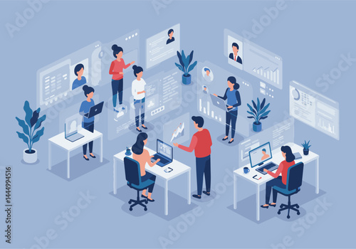 Creative illustration showing individuals working collaboratively in an advanced virtual office, surrounded by holographic screens with data, charts, and images, symbolizing technology-driven teamwork
