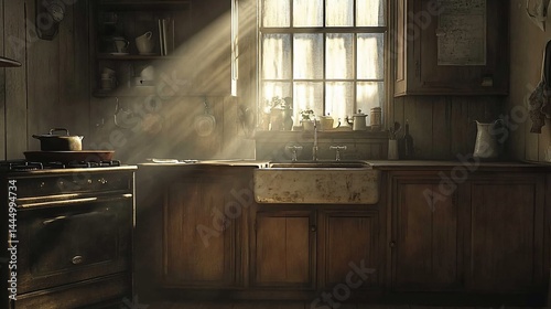Wallpaper Mural Rustic kitchen, sunlit interior.  Sunlight streams through window, illuminating aged cabinets and stove Torontodigital.ca