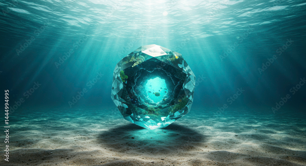 Fototapeta premium Crystal orb submerged underwater, illuminated by rays of light in a serene aquatic environment