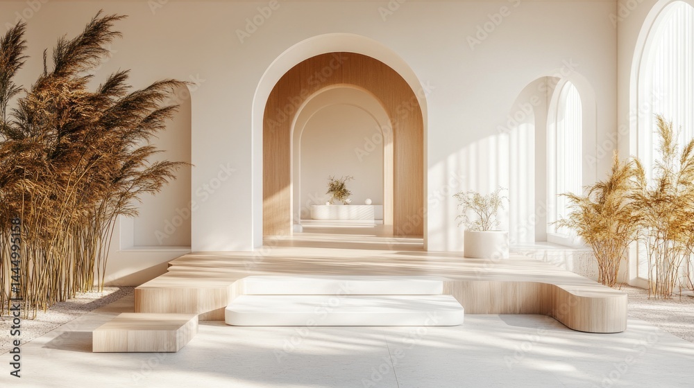 Naklejka premium Serene Minimalist Interior with Archways and Bamboo Plants