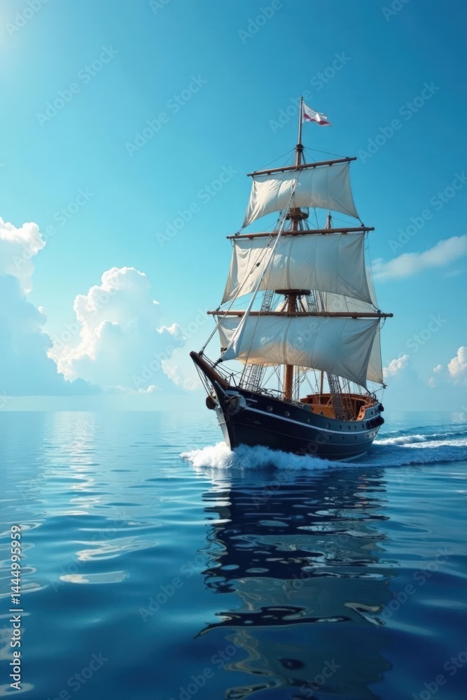 Obraz premium Anchor ship sailing through calm sea with blue and white stripes , sail, white, ship