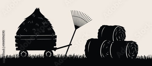 Hay Bale Harvest Scene with Cart and Rake Silhouette