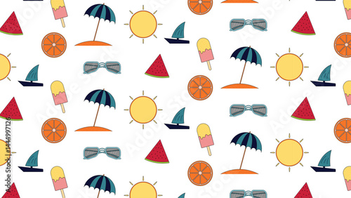 Colorful seamless summer pattern with playful icons like sun umbrellas fruits and boats perfect for wrapping paper textiles wallpaper and seasonal digital backgrounds