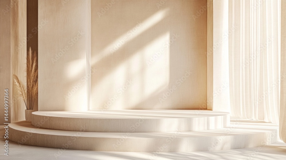 Fototapeta premium Beige Circular Podium with Sunlight Shadows