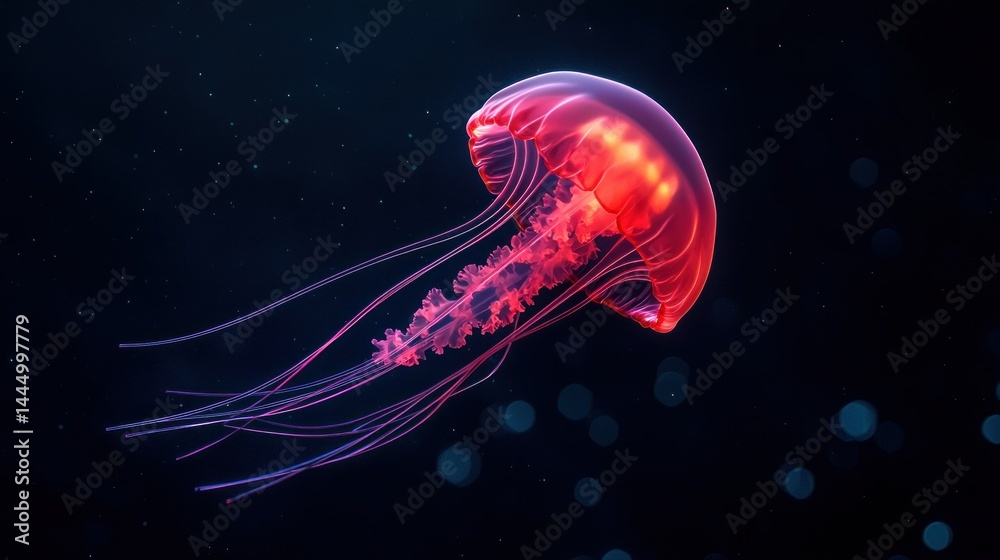 Fototapeta premium A Glowing Red Jellyfish Swimming In The Dark Ocean Water