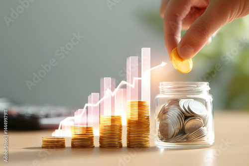 Growth Strategy: Hand placing a coin into a jar with financial growth chart