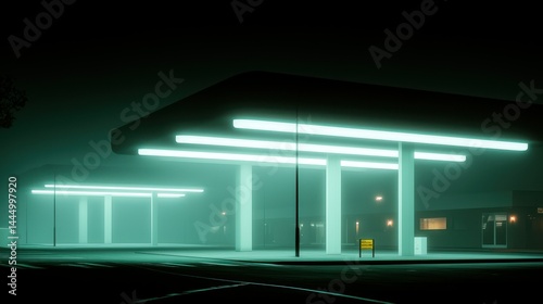 A nighttime scene featuring a gas station in an ethereal environment
