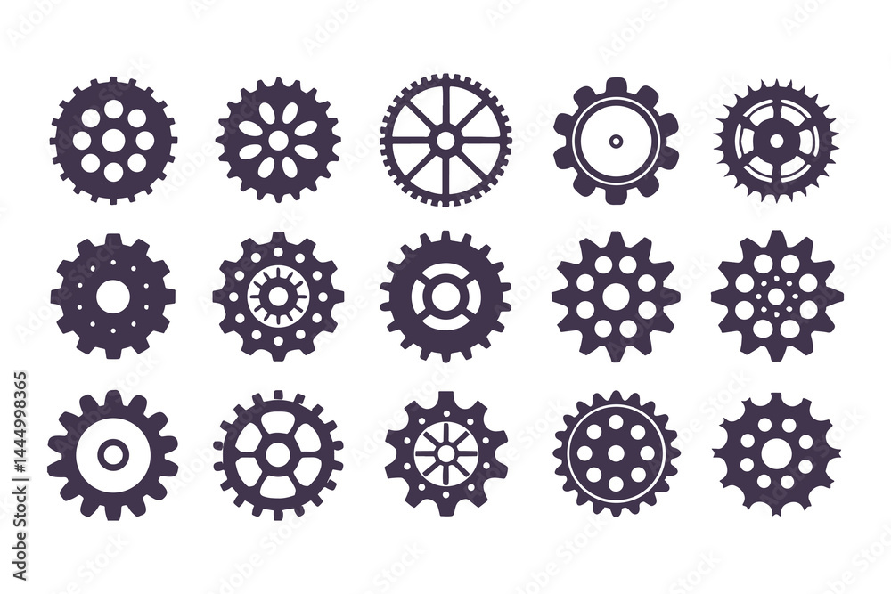 Gear Icon Vector Collection. Black Cogwheels, Mechanical Engineering Symbols, Industrial Sprocket Shapes, Machinery Parts, Abstract Gearwheel and Cog Graphics Set Gear Icon Vector Collection. Black Cogwheels, Mechanical Engineering Symbols, Industrial Sprocket Shapes, Machinery Parts, Abstract Gearwheel and Cog Graphics Set