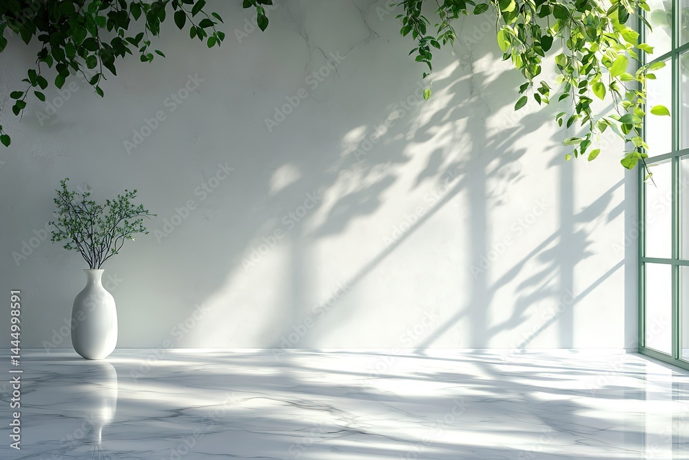 Obraz premium Indoor marble backdrop with window and leaves shadow, vase with green plant studio