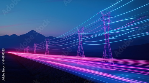 Power lines towering beside highway, light trails streaming past mountainous silhouette, capturing technological energy transmission during twilight hours