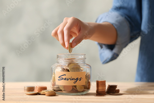 A person contributes to a jar full of money emphasizing the importance of saving funds photo