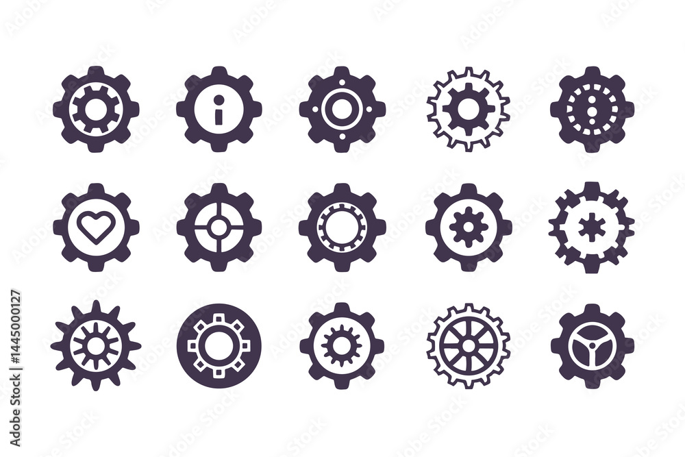 Gear Icon Vector Collection. Black Cogwheels, Mechanical Engineering Symbols, Industrial Sprocket Shapes, Machinery Parts, Abstract Gearwheel and Cog Graphics Set Gear Icon Vector Collection. Black Cogwheels, Mechanical Engineering Symbols, Industrial Sprocket Shapes, Machinery Parts, Abstract Gearwheel and Cog Graphics Set
