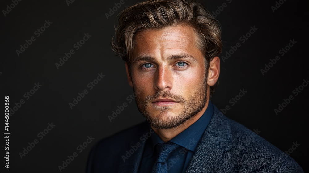 Fototapeta premium A distinguished man with tousled hair and piercing blue eyes captures attention with his intense gaze and refined style