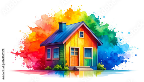 a colourful house with rainbow colour painting isolated on transparent background