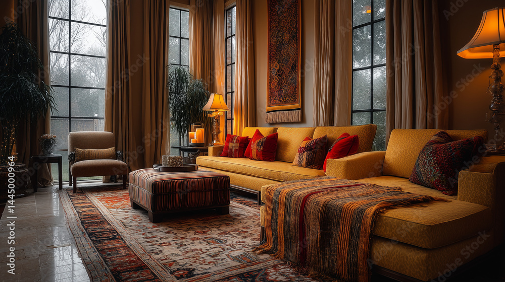 Elegant Living Room with Warm Lighting and Plush Decor Elegant Living Room with Warm Lighting and Plush Decor