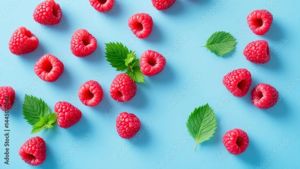 Fresh raspberries on blue background.