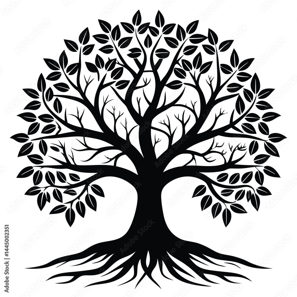 Obraz premium Silhouette of a Tree with Leaves and Roots Isolated on White Background