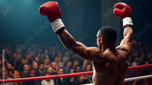 A black African American boxer celebrates victory by raising his arms to the crowd