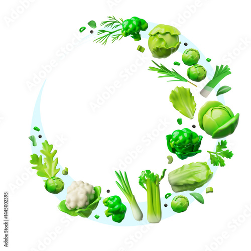 Glossy ripe green vegetables and greens 3D vector round design, healthy organic plant food, cabbage, lettuce, broccoli