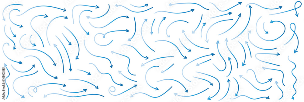Obraz premium Blue hand-drawn vector arrow set. Arrow crayon brush doodle chalk line stroke. Sketch pencil texture line scribble arrow icon. Hand-drawn grunge blue gradient brush sketch on a white background
