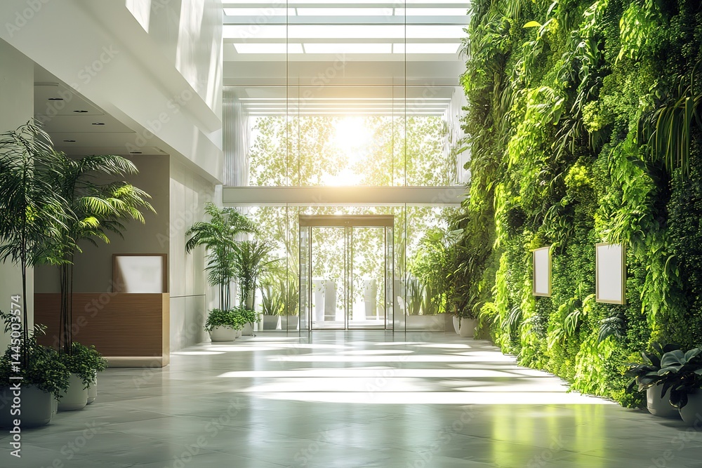 Fototapeta premium Bright Eco Lobby Interior With Green Wall and Natural Light, Modern Office Design