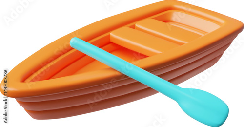 Wooden boat with paddle 3D cartoon style vector icon, realistic small vessel, travel ship with oar, water transport