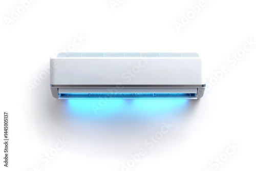White Air Conditioner Unit with Blue Light Against a Clean, Minimalist White Background