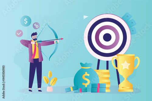 Successful businessman aiming at target with bow and arrow. Confident entrepreneur shooting arrow at bullseye. Reward for winner. Business achievement,