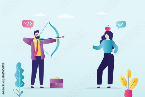 Confident businessman shooting arrows at businesswoman with apple on head. Business risk concept.  Girl participate in dangerous circus show or entertainment.