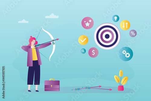 Business leader, confident businesswoman aiming target with bow and arrow archery to the target board. Business target and achievement concept. Archery,