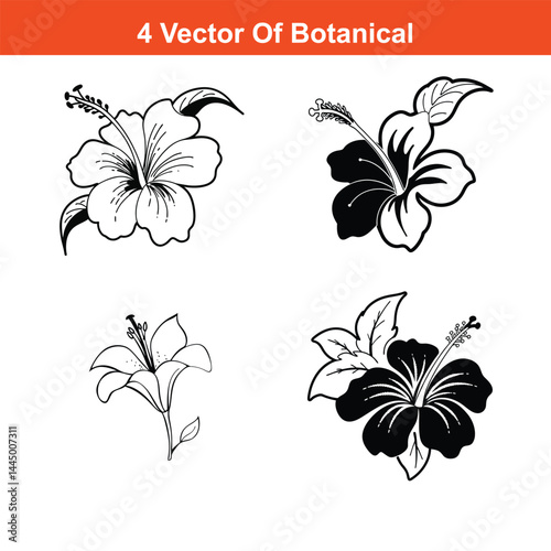 Hibscus Flower Continuous Line Drawing with Editable Stroke,Black and white hibiscus flowers, branch, leaf