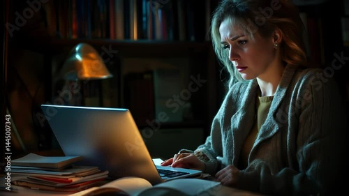 Tired woman working late at night on laptop, she is sad and disappointed